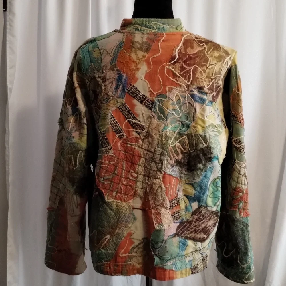 Chico's mandarin button front tapestry patchwork cotton loose fitting jacket top - Picture 5 of 10